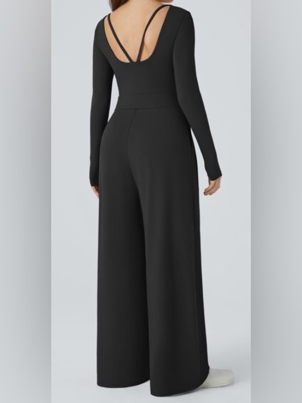 MEDIUM.  HALARA V NECK LONG SLEEVED OPEN BACK WIDE LEG JUMPSUIT